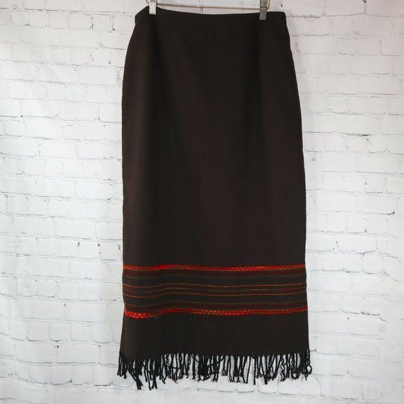 Dress Barn Brown Wool Lined Fringe Tasseled Striped Midi Skirt Women's Size 16 - Picture 1 of 6